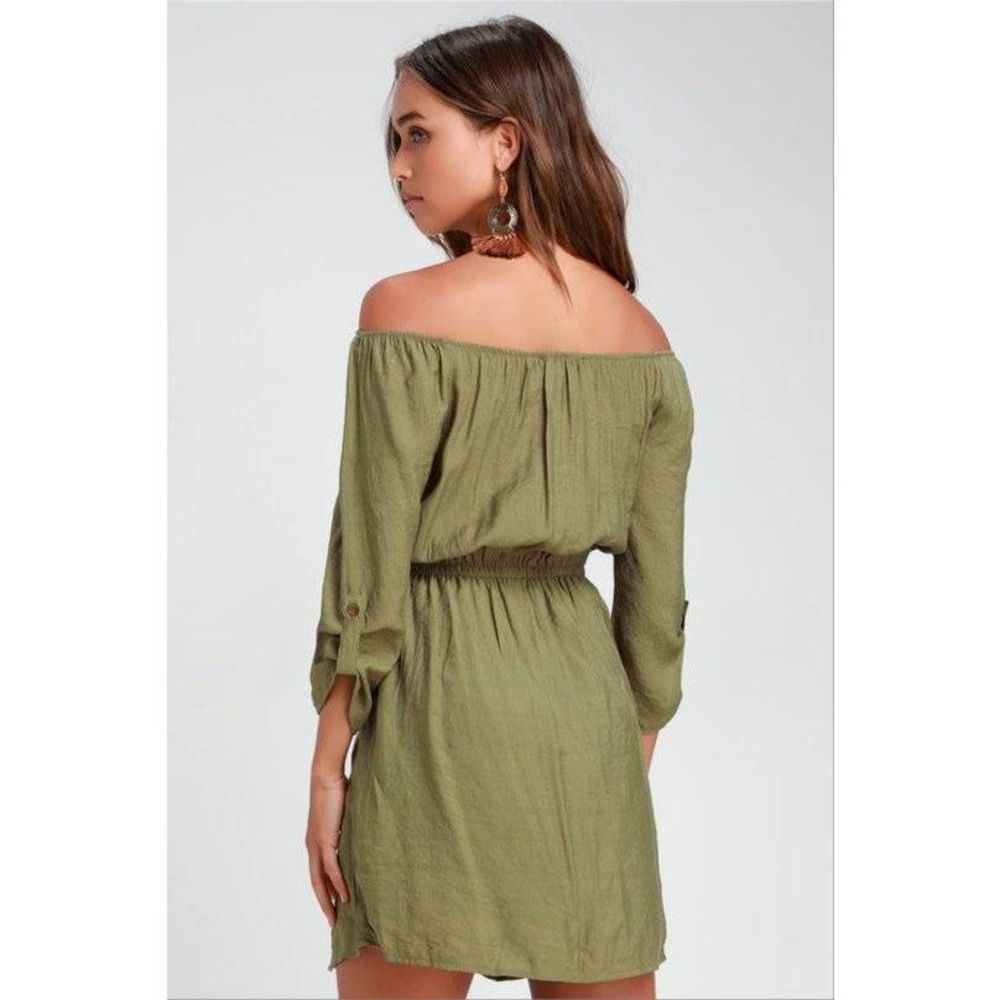Lulus Etta Olive Green Button Front Off-the-Shoulder Dress good pre-owned condit - Picture 2 of 7
